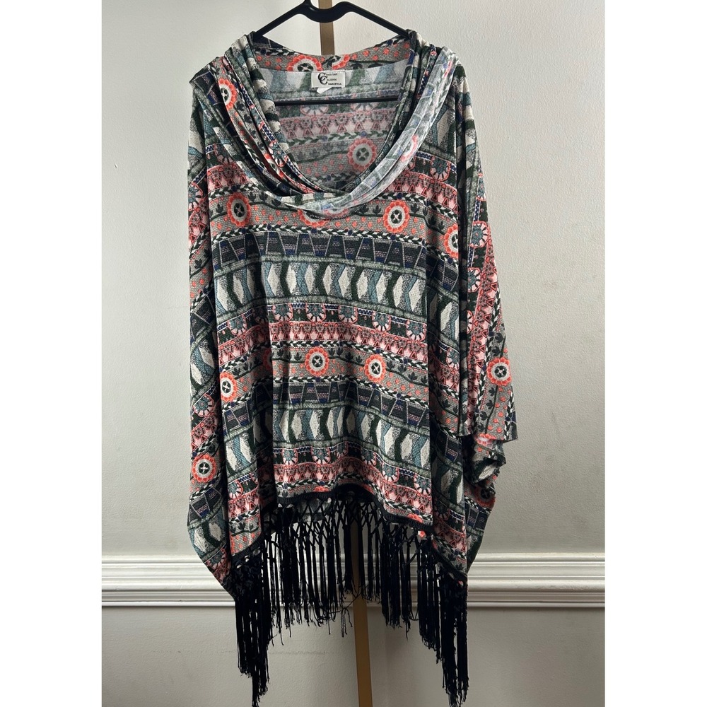 Christian Caliendo Poncho Women OS Multi Color Fringe Cowl Neck Knit USA BOHO